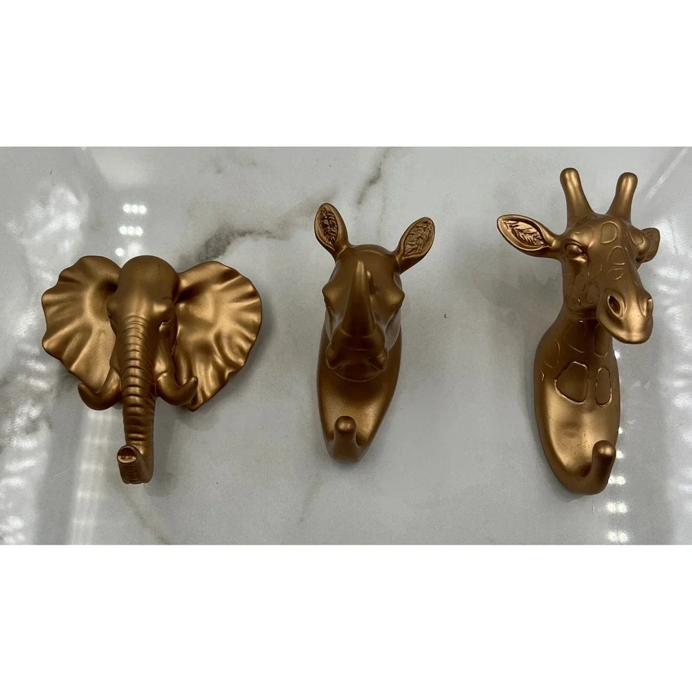 Safari Animal Wall Hooks Set of 3 Gold Plastic Elephant Rhino Giraffe Decor